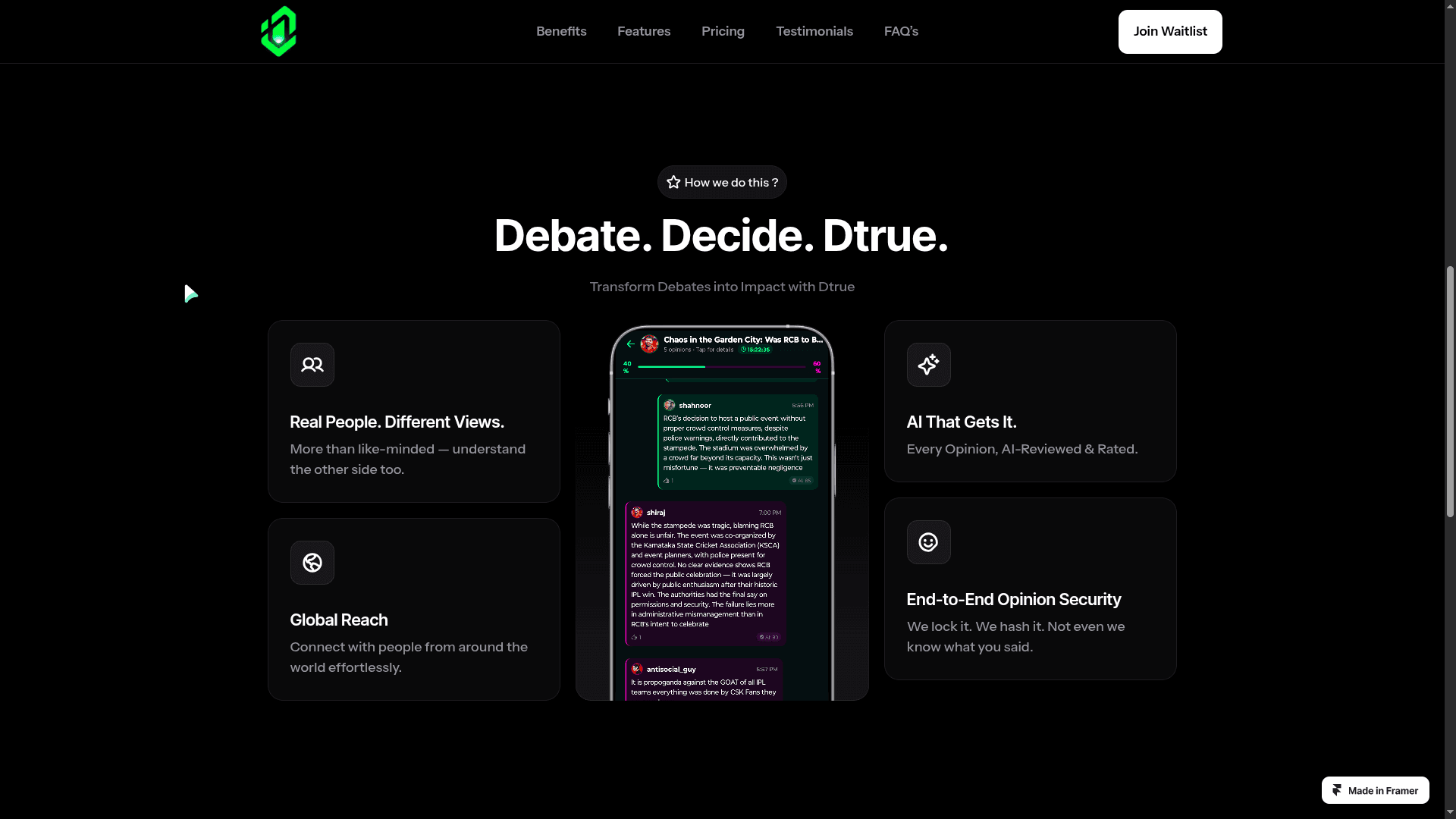 Dtrue - Project screenshot showing Turn messy social debate into credible signal. A structured 