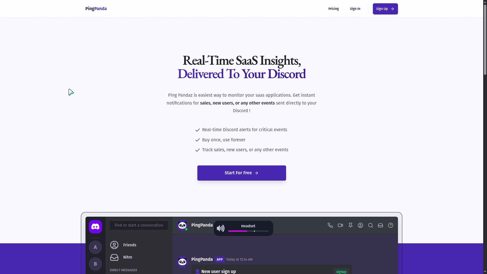 PingPanda - Project screenshot showing The easiest way to monitor your SaaS applications. Get insta