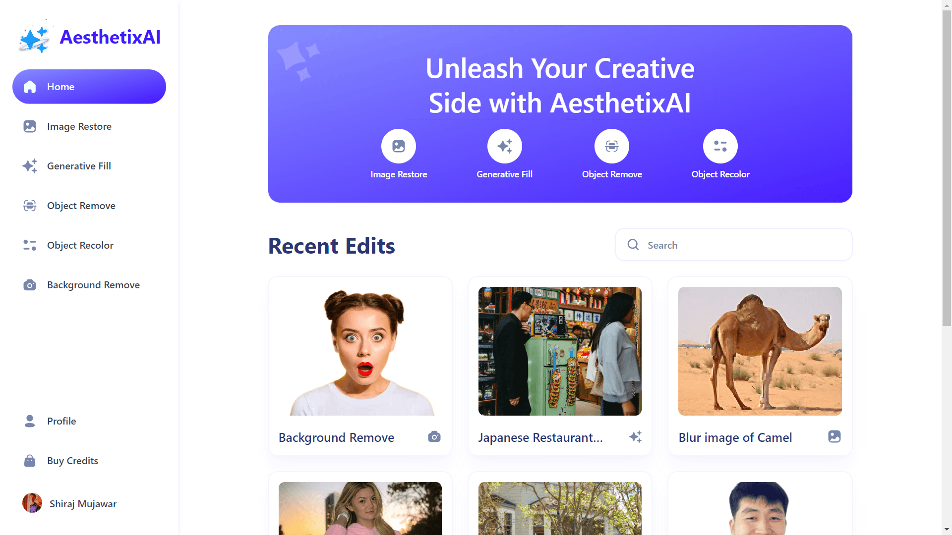 AisthetixAI - Project screenshot showing SaaS platform for AI-powered image editing. Transform, resiz
