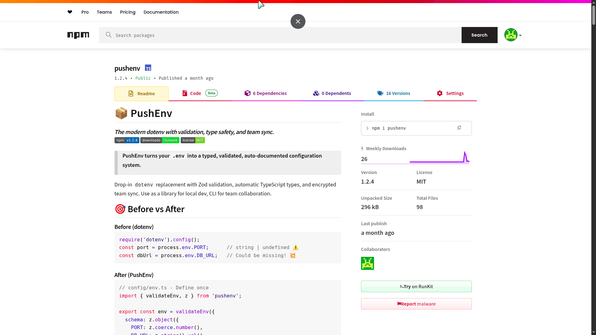 PushEnv - Project screenshot showing Type-safe env management and secure team sync. Drop-in doten