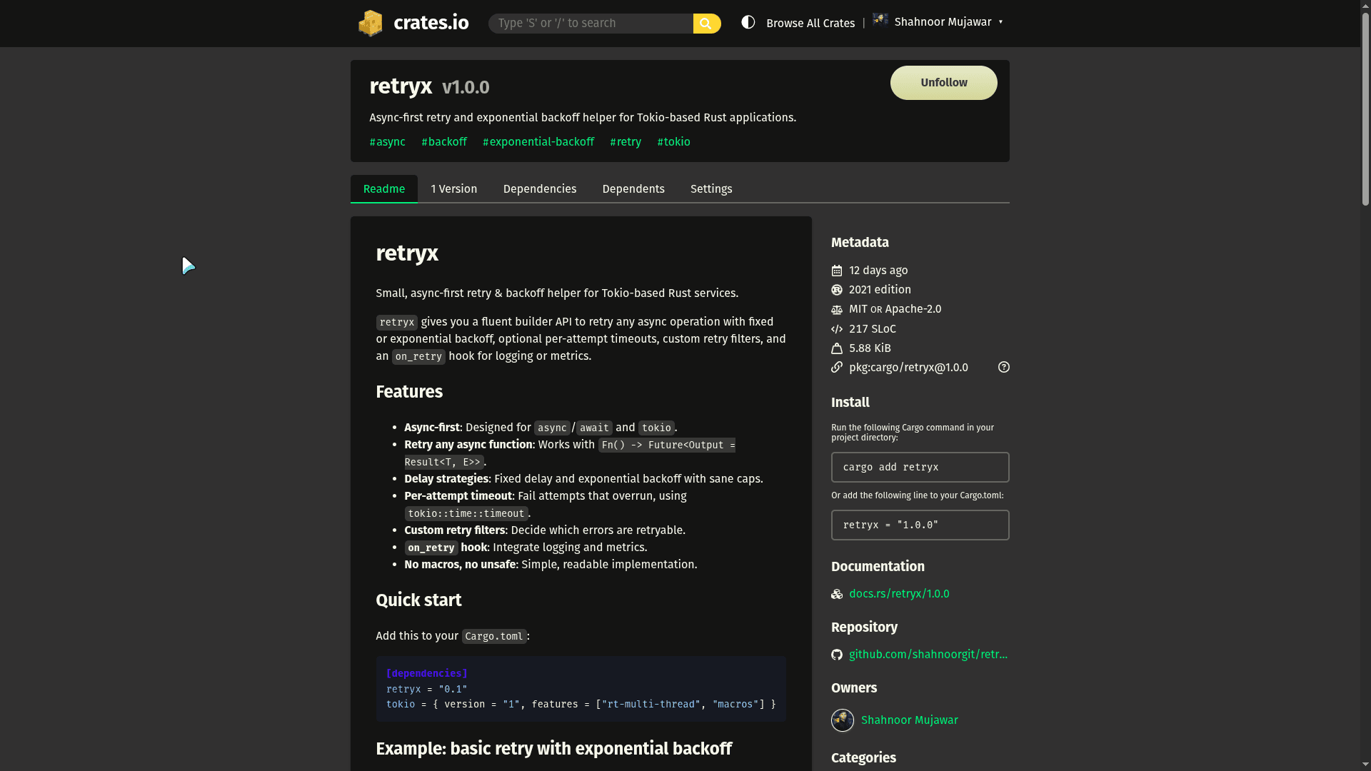 retryx - Project screenshot showing Small, async-first retry & backoff helper for Tokio-based Ru